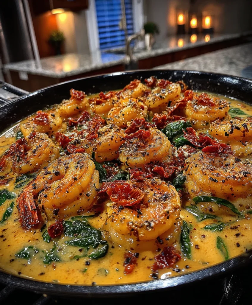 Creamy Tuscan Shrimp with Sun-Dried Tomatoes, Spinach, and Parmesan Garlic Sauce