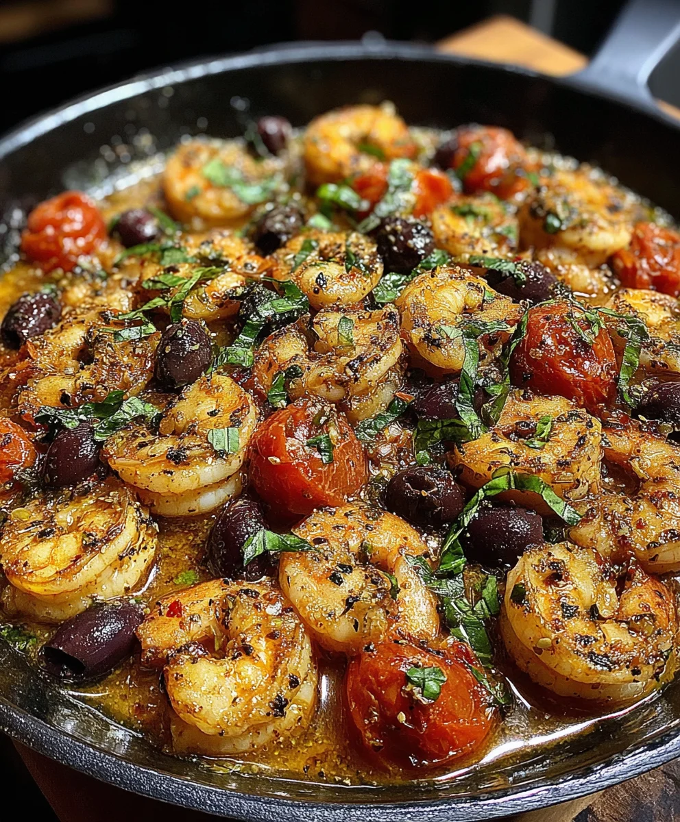 Mediterranean Shrimp Sauté with Tomatoes, Garlic, Basil, Olive Oil, and Black Olives
