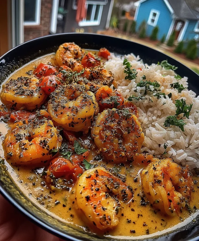 Shrimp Masala with Tomatoes, Cumin, Coriander, Garam Masala, and Fresh Cilantro