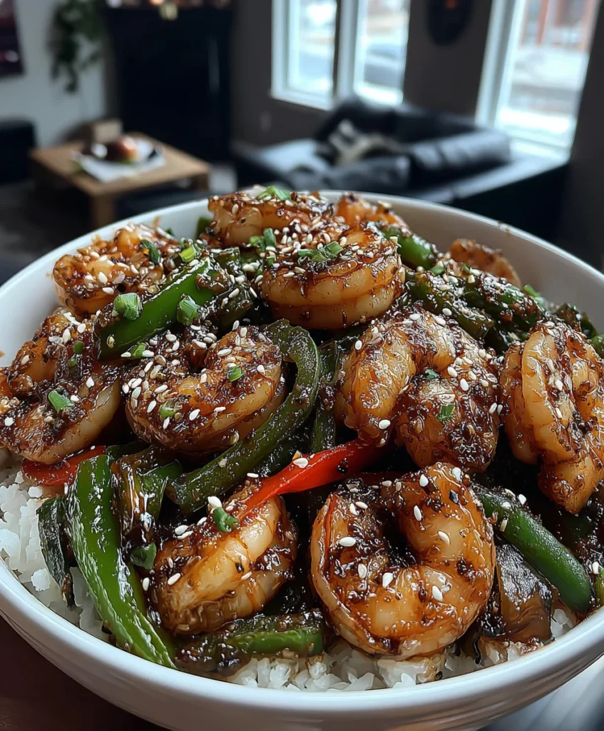 Shrimp Stir-Fry with Bell Peppers, Ginger, Soy Sauce, and Sesame Oil