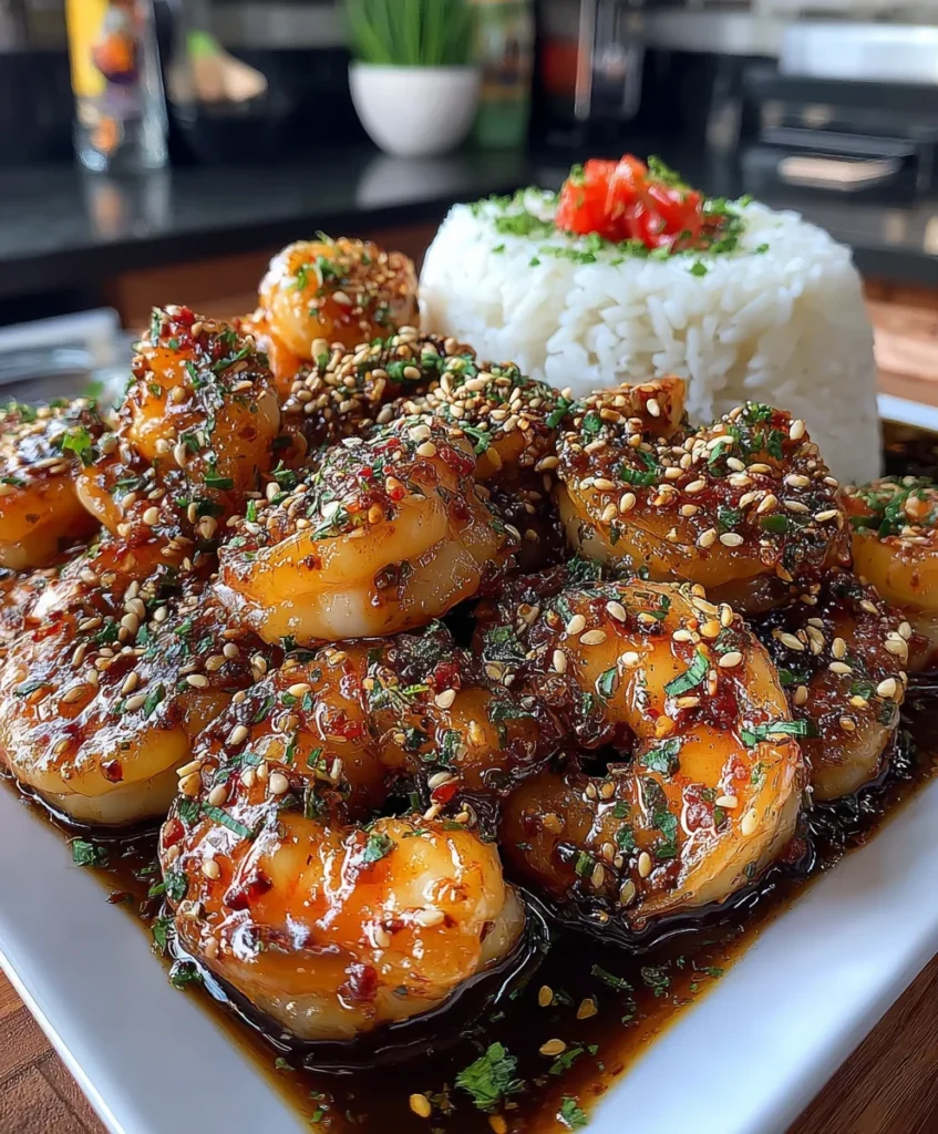 Spicy Honey Garlic Shrimp with Chili Flakes, Soy Glaze, and Toasted Sesame