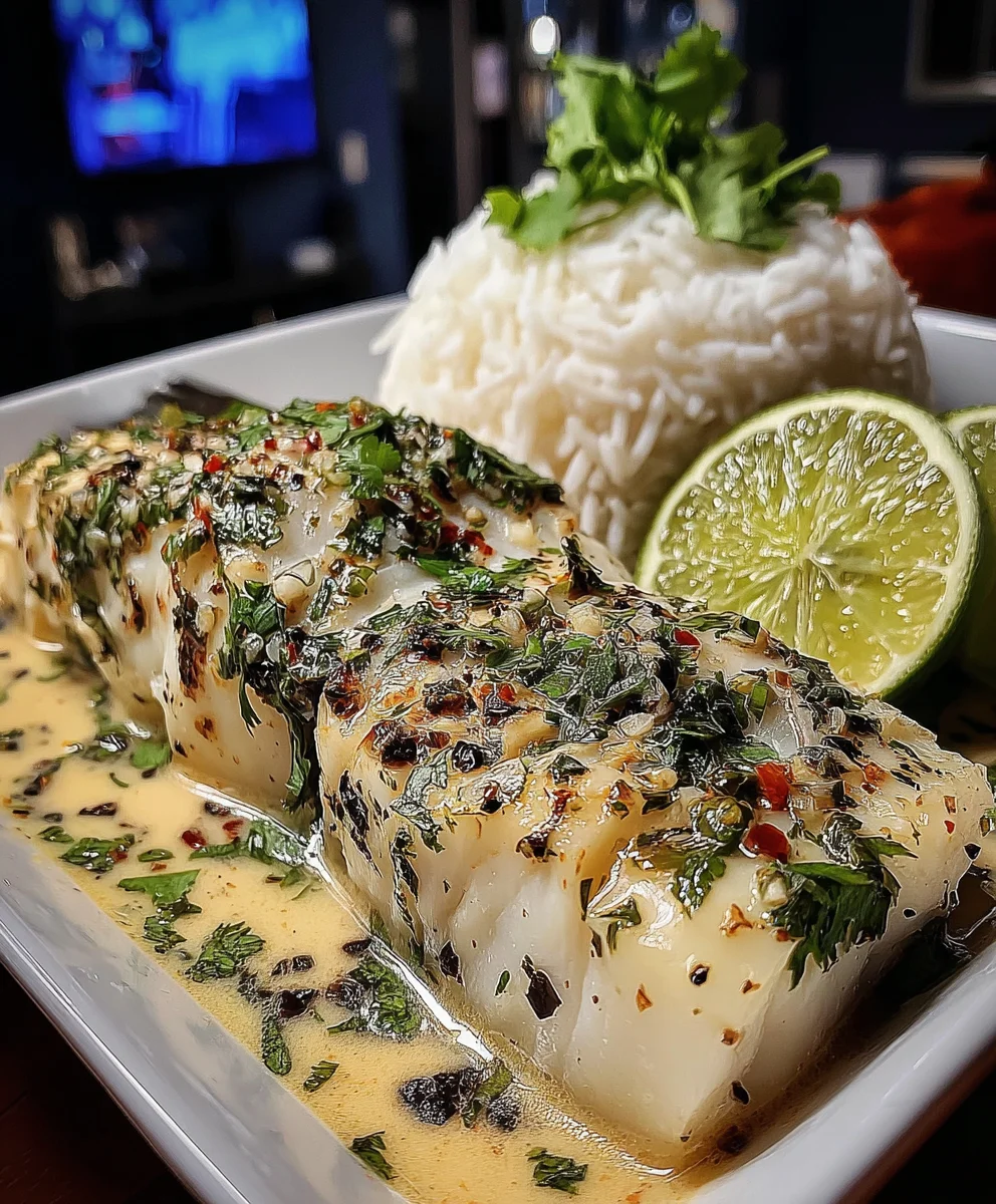 Coconut Lime Poached Cod with Ginger and Fresh Cilantro Sauce