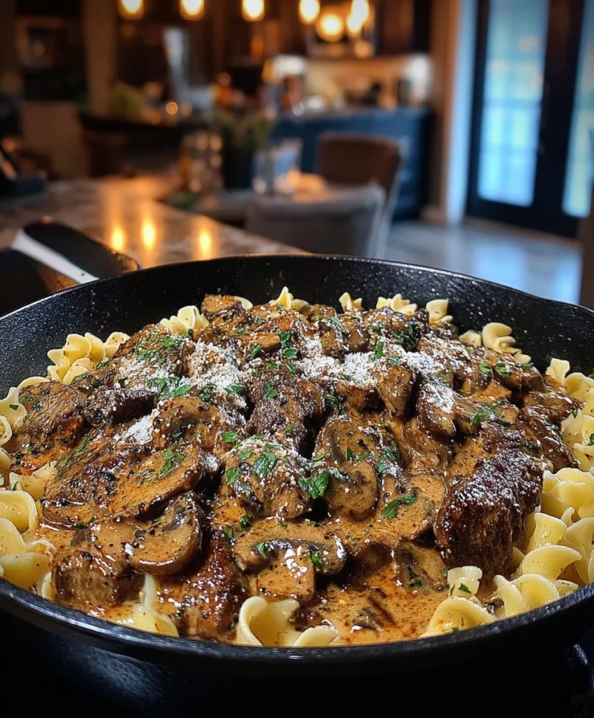 Creamy Mushroom and Peppercorn Smothered Beef Strips