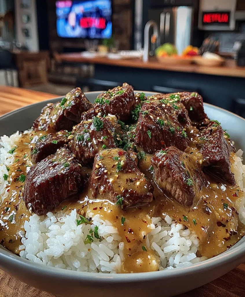 Creamy Peppercorn and Roasted Garlic Smothered Sirloin Tips