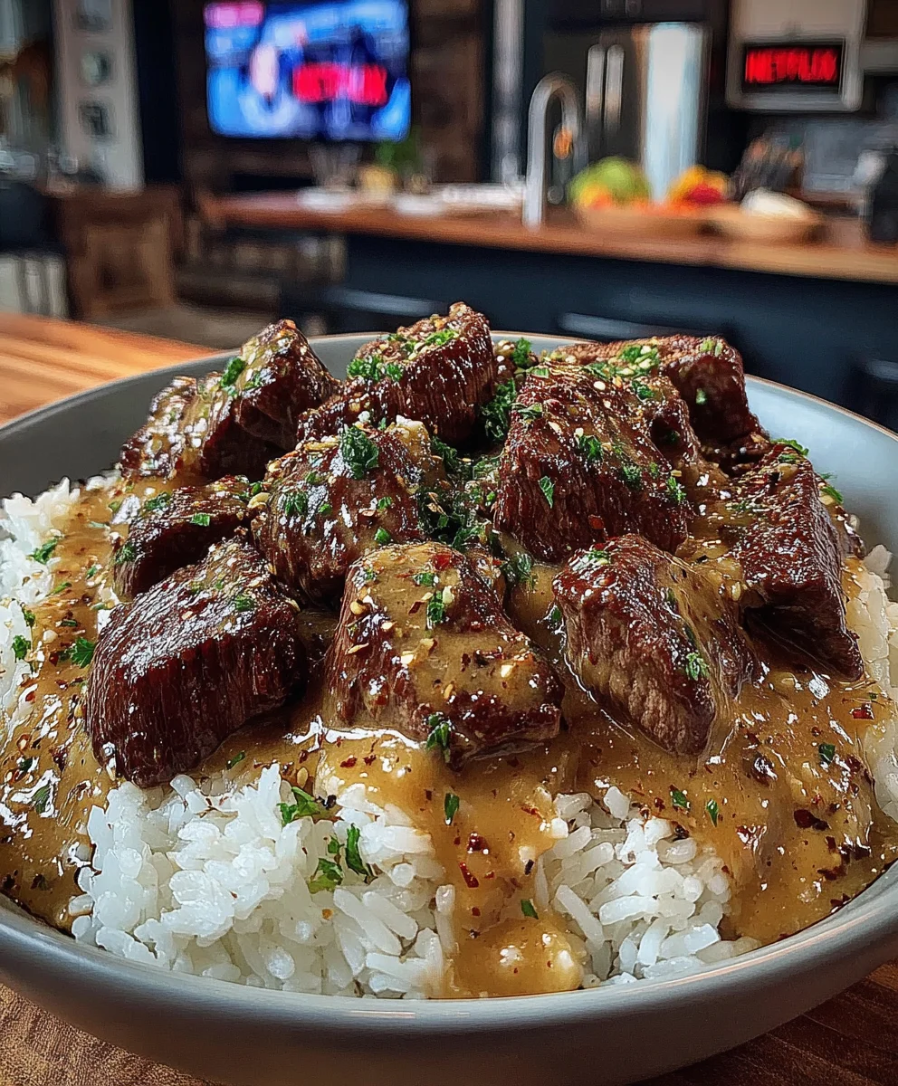 Creamy Peppercorn and Roasted Garlic Smothered Sirloin Tips