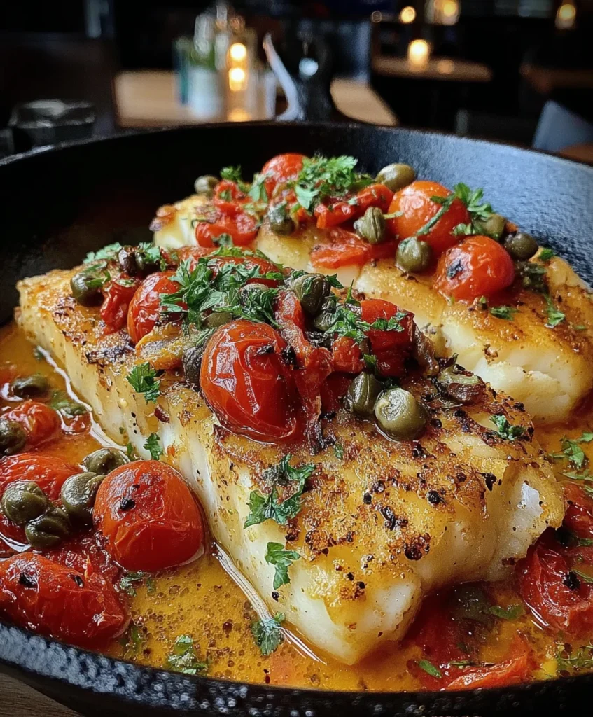 Mediterranean Cod with Roasted Cherry Tomato, Caper, and Olive Sauce