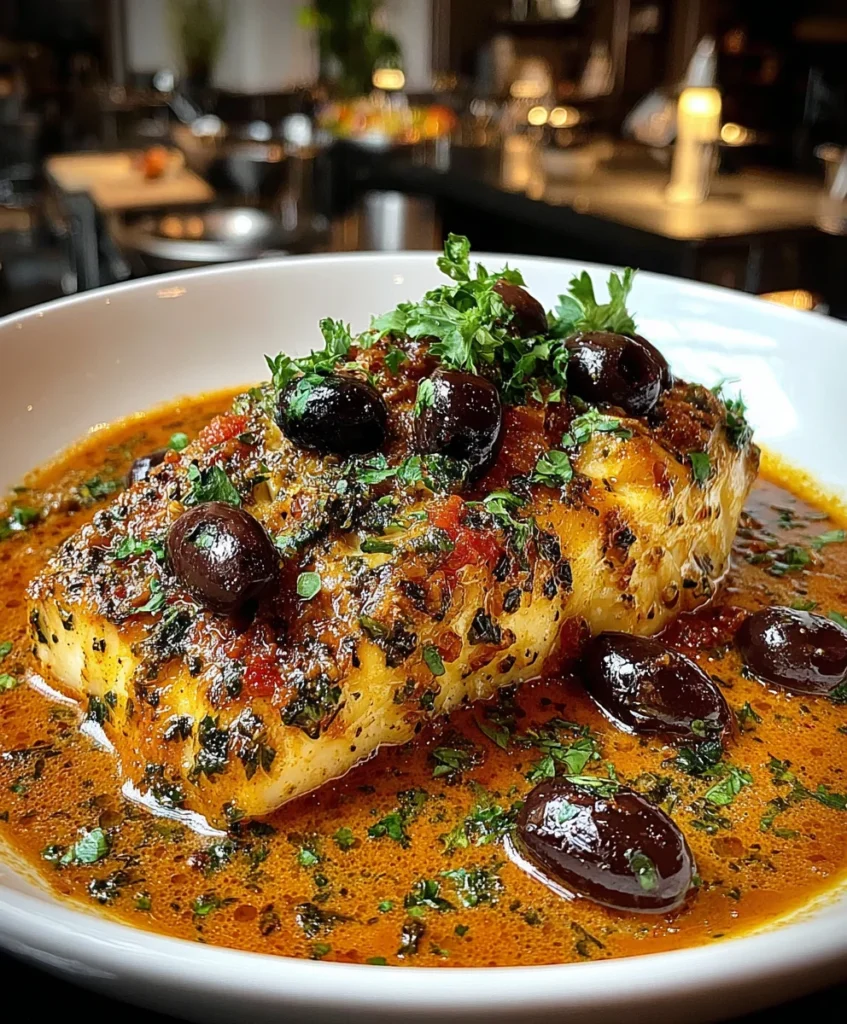 Mediterranean Poached Cod in a Robust Tomato and Kalamata Olive Coulis