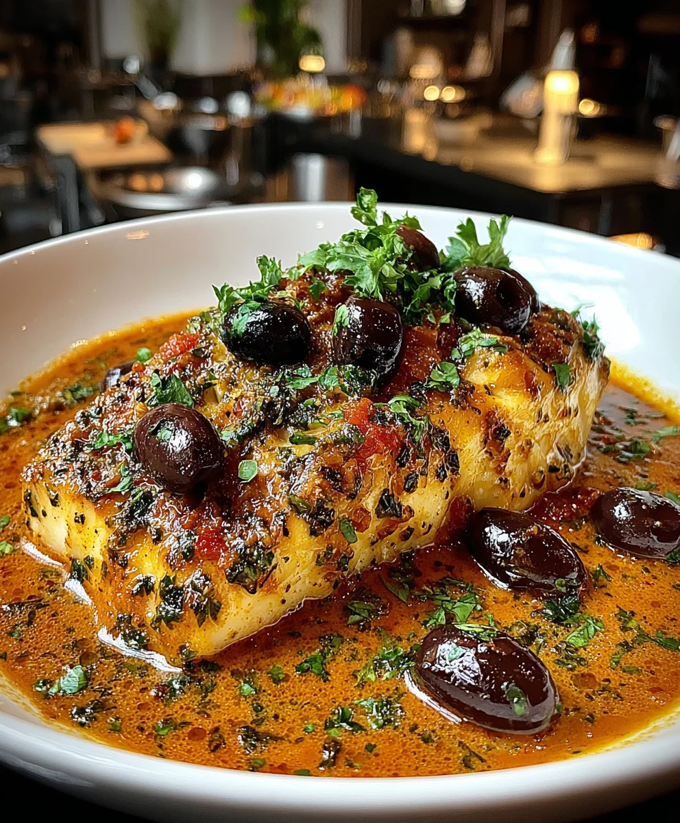 Mediterranean Poached Cod in a Robust Tomato and Kalamata Olive Coulis