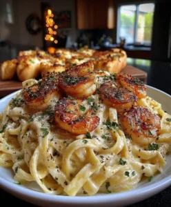 Shrimp Alfredo Pasta with Creamy Parmesan Sauce and Italian Herbs