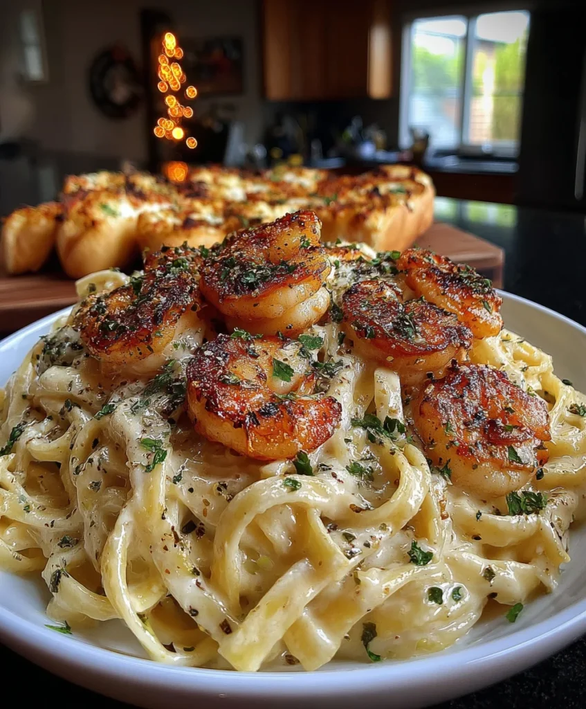 Shrimp Alfredo Pasta with Creamy Parmesan Sauce and Italian Herbs