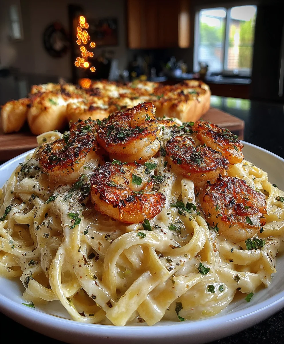 Shrimp Alfredo Pasta with Creamy Parmesan Sauce and Italian Herbs