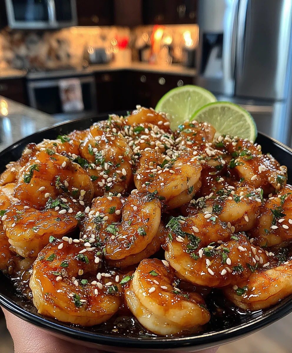 Spicy Honey Sriracha Shrimp with Sesame and Lime