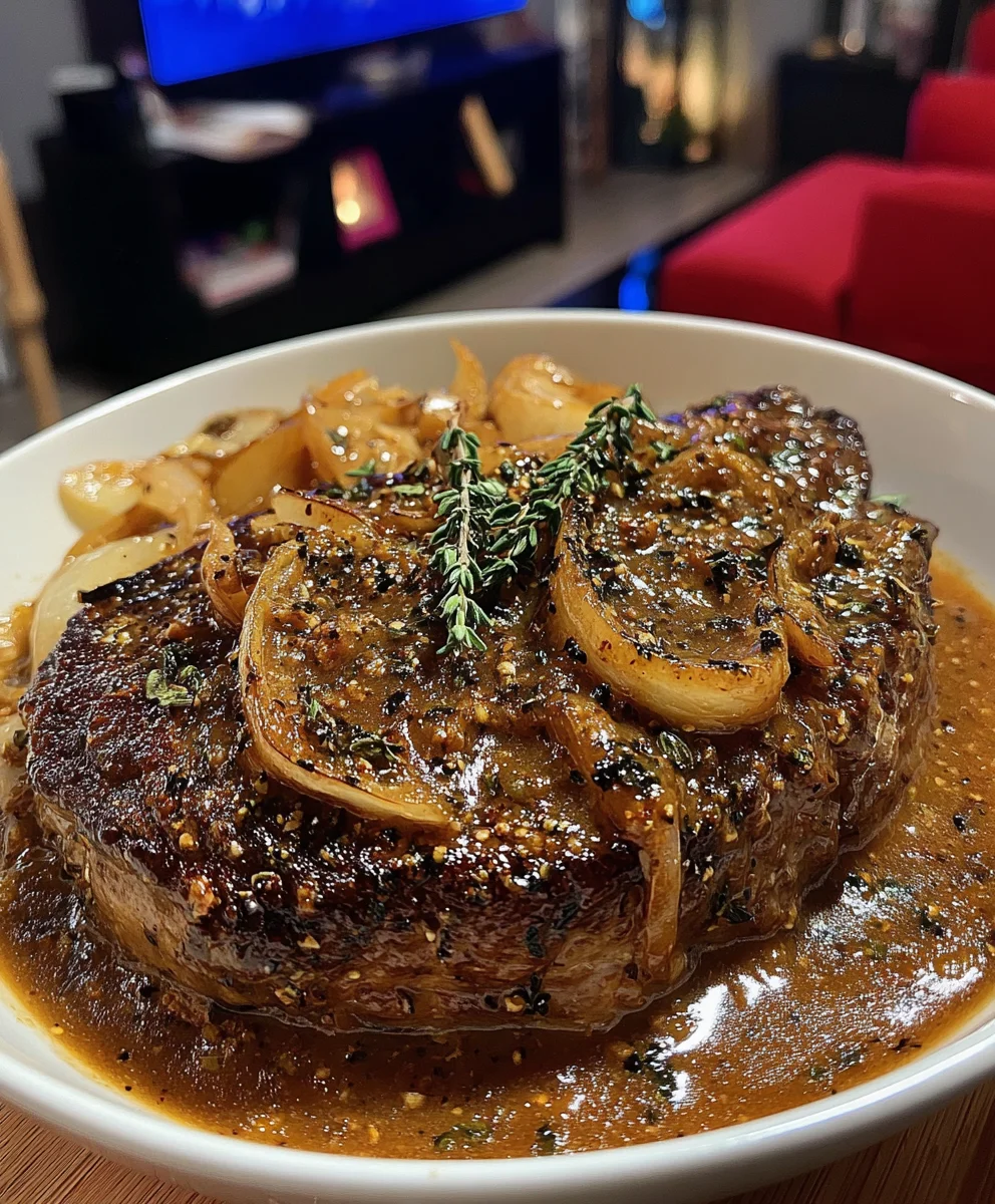 Comfort-Style Garlic Herb Smothered Beef Steak with Onion Gravy