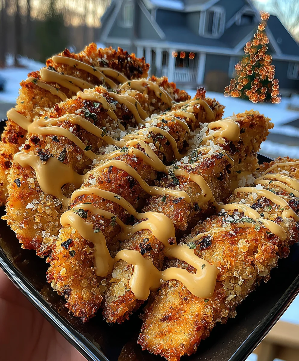 Golden Crispy Chicken Tenders with Garlic Parmesan Cream Drizzle