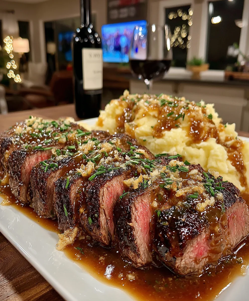 Juicy Garlic Herb Beef Steak with Slow-Cooked Onion Gravy