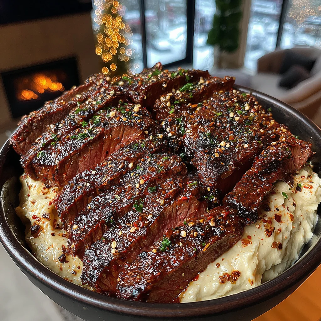 Aleppo Pepper and Lemon-Crusted Skirt Steak with Herb-Scented Labneh