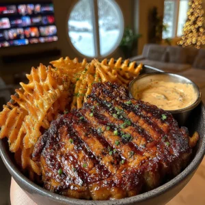 Applewood-Smoked Ribeye Steak with Spicy Waffle Fries and Cool Herb Ranch Sauce