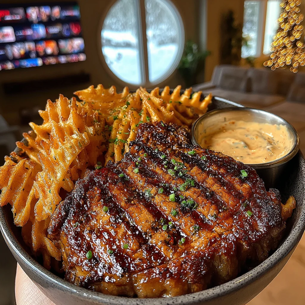 Applewood-Smoked Ribeye Steak with Spicy Waffle Fries and Cool Herb Ranch Sauce