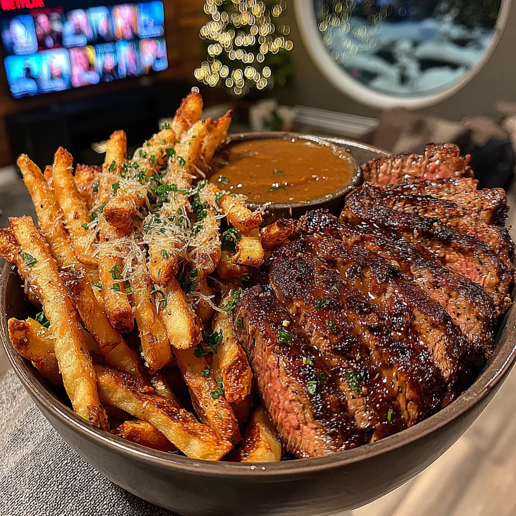 Basil-Butter Roasted Strip Steak with Lemon-Parmesan Shoestring Fries and Velvety Brown Sauce