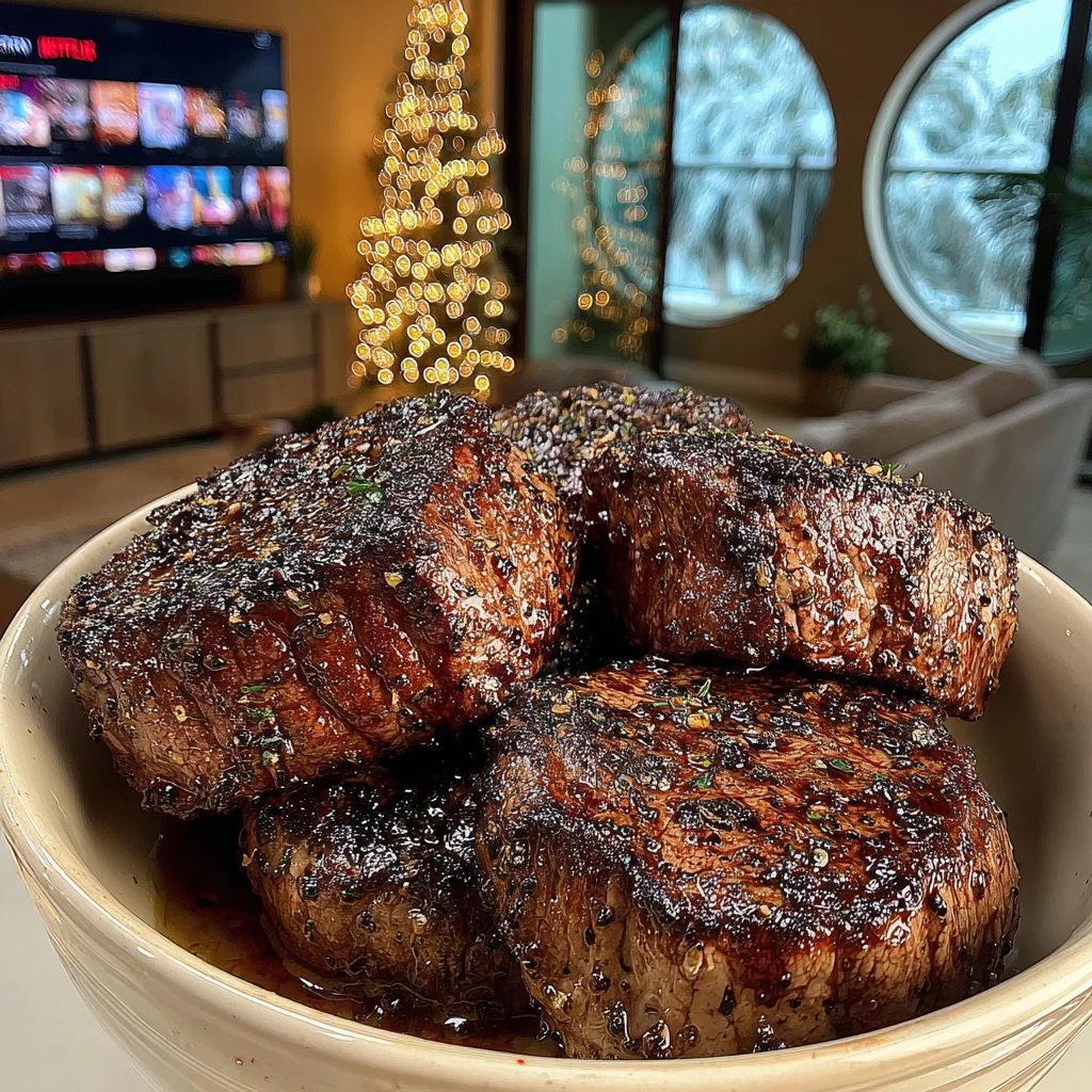 Blackened Garlic and Peppercorn-Crusted Filet Mignon with Basil-Infused Oil