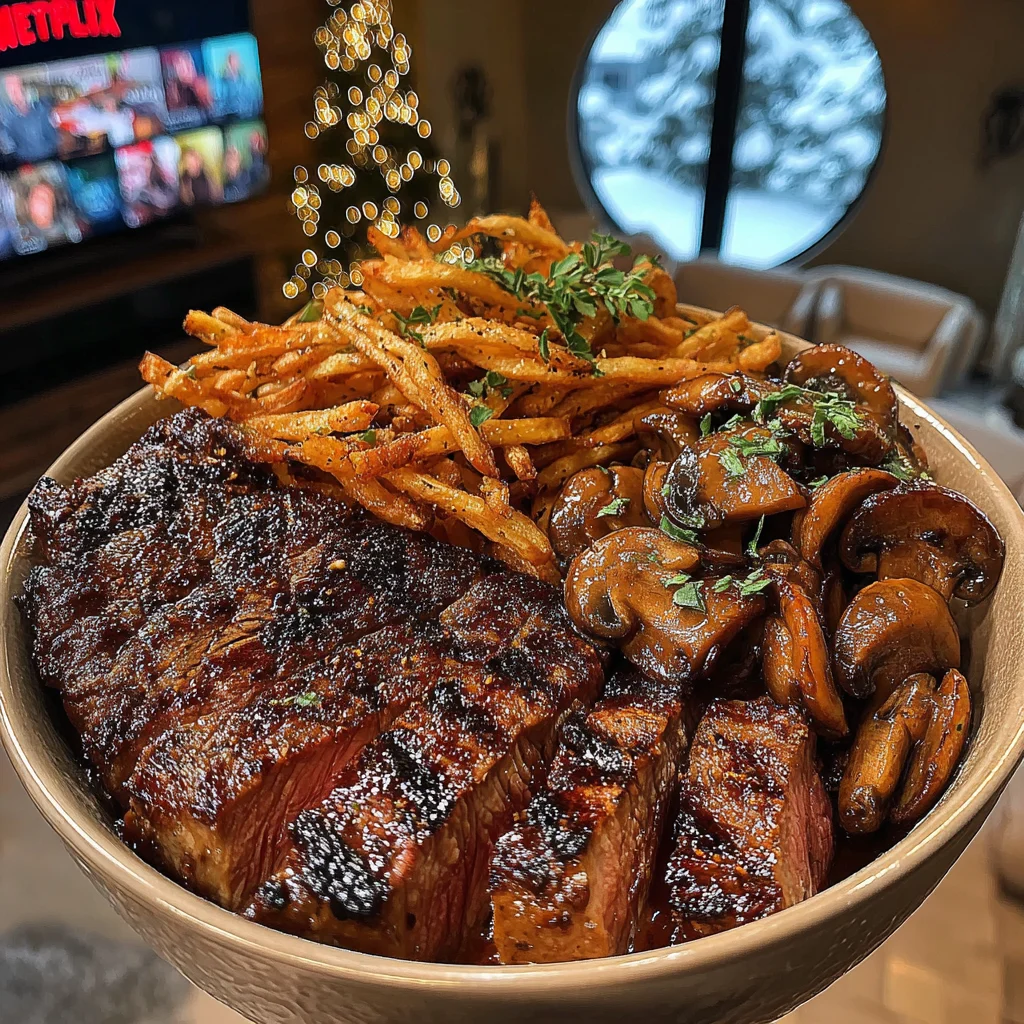 Butter-Basted Ribeye Steak with Crispy Shoestring Fries and Silky Mushroom Gravy Sauce