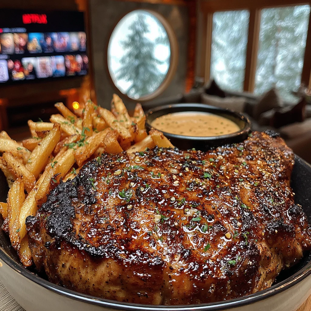 Butter-Basted Ribeye Steak with Double-Fried Fries and Traditional Garlic Butter Sauce