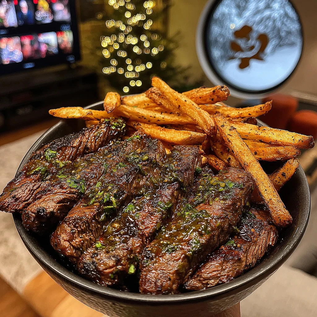 Cilantro-Garlic Basted Hanger Steak with Sea-Salted Matchstick Fries and Zesty Herb Sauce