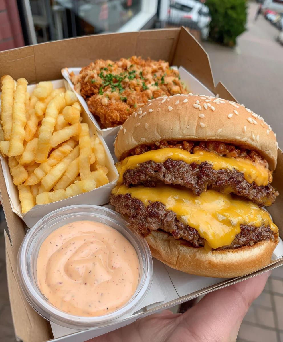 Classic Cheeseburger Platter with Golden Fries and Tangy Burger Sauce