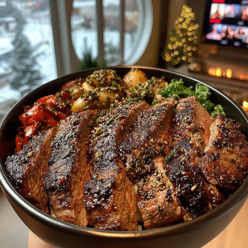 Coriander and Cumin Toasted Sirloin with Charred Red Pepper and Walnut Pesto