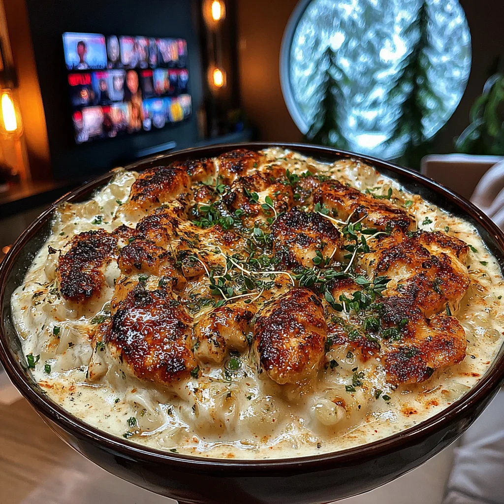 Creamy Chanterelle and Garden Thyme Parmesan Smothered Chicken with Chive Blossoms