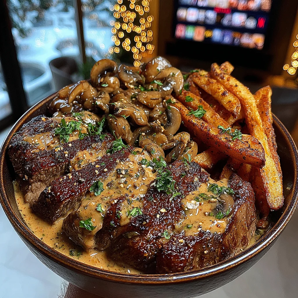 Creamy Peppercorn Beef Steak with Double-Fried Fries and Velvety Mushroom Sauce