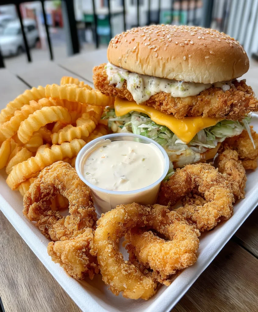 Crispy Chicken Burger Platter with Curly Fries and Zesty Garlic Mayo