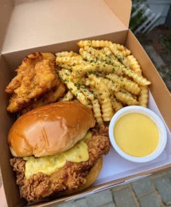 Crispy Southern Chicken Burger Platter with Seasoned Fries and Honey Mustard Sauce