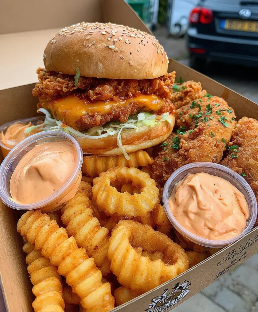 Crispy Spicy Chicken Burger Platter with Curly Fries and Sriracha Mayo