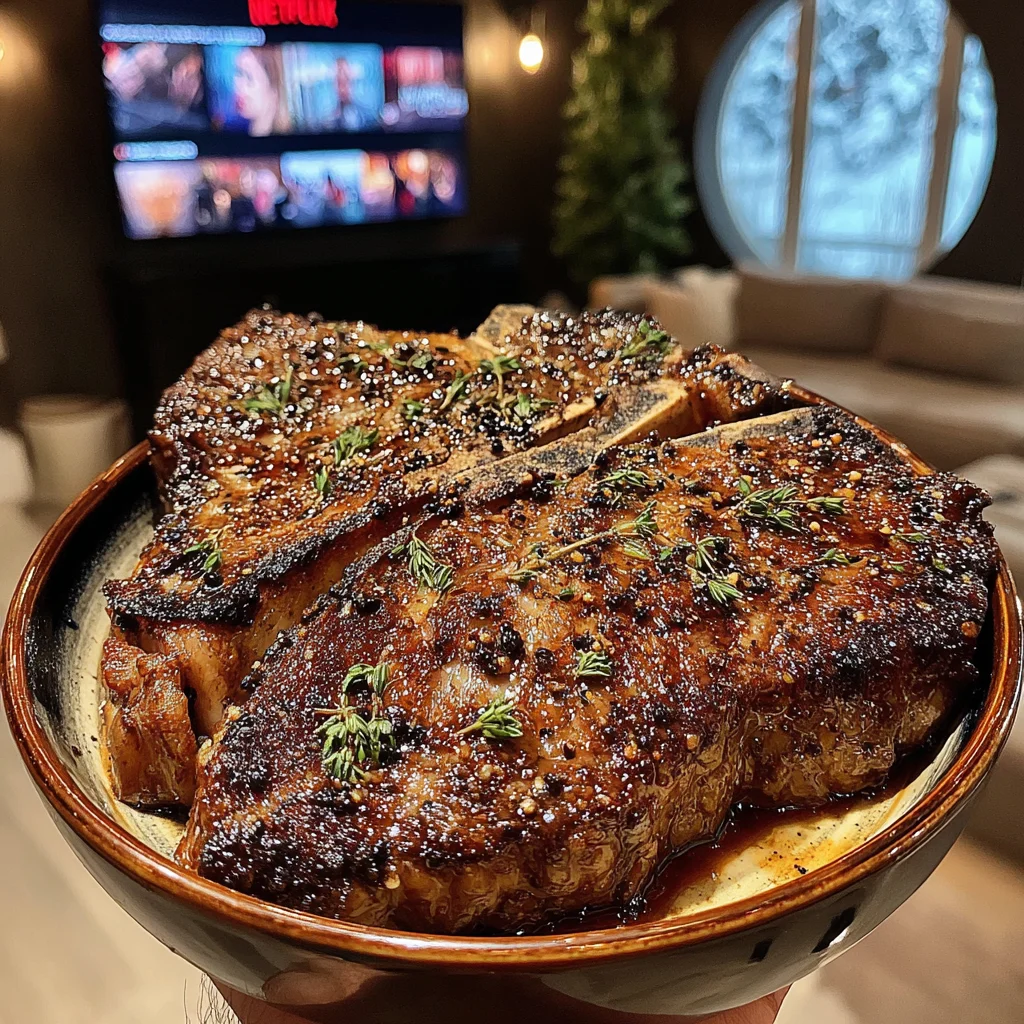 Dried Porcini and Thyme-Crusted T-Bone with Balsamic-Shallot Compound Butter