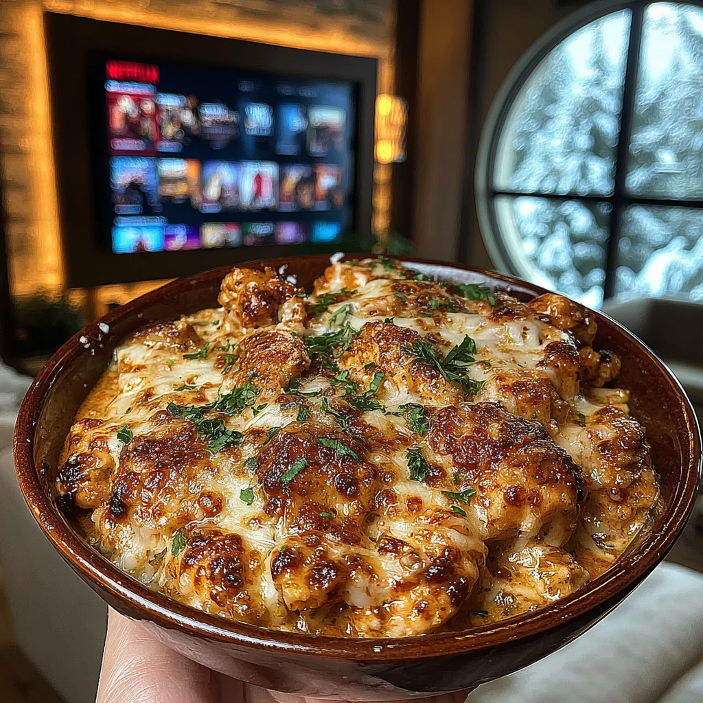 Fire-Roasted Poblano Parmesan Smothered Chicken with Cilantro Sprigs