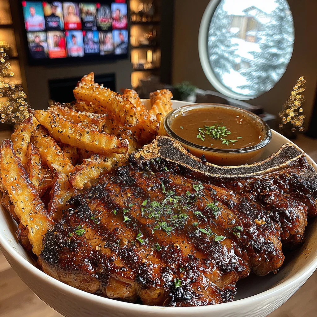 Garlic-Herb Roasted T-Bone Steak with Sea-Salted Lattice Fries and Classic Beef Onion Gravy