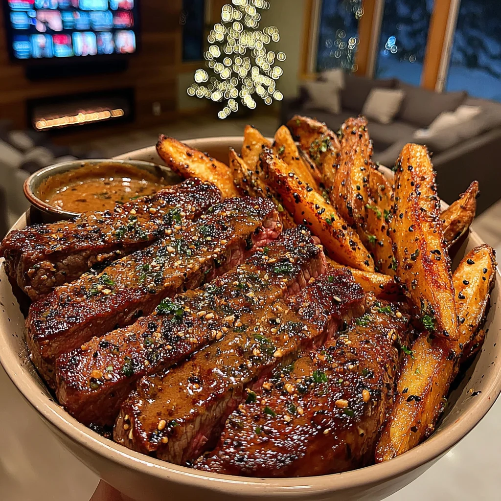 Garlic-Infused Sirloin Steak with Golden Skin-On Fries and Rich Brown Peppercorn Sauce