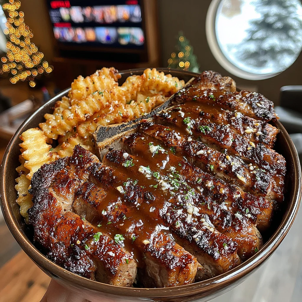 Garlic-Infused T-Bone Steak with Parmesan-Crusted Lattice Fries and Velvety Onion Gravy