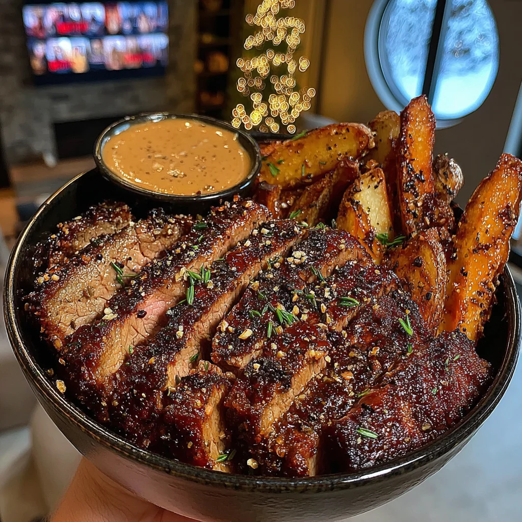 Herb-Crusted Strip Steak with Rustic Skin-On Fries and Deep Beef Onion Sauce