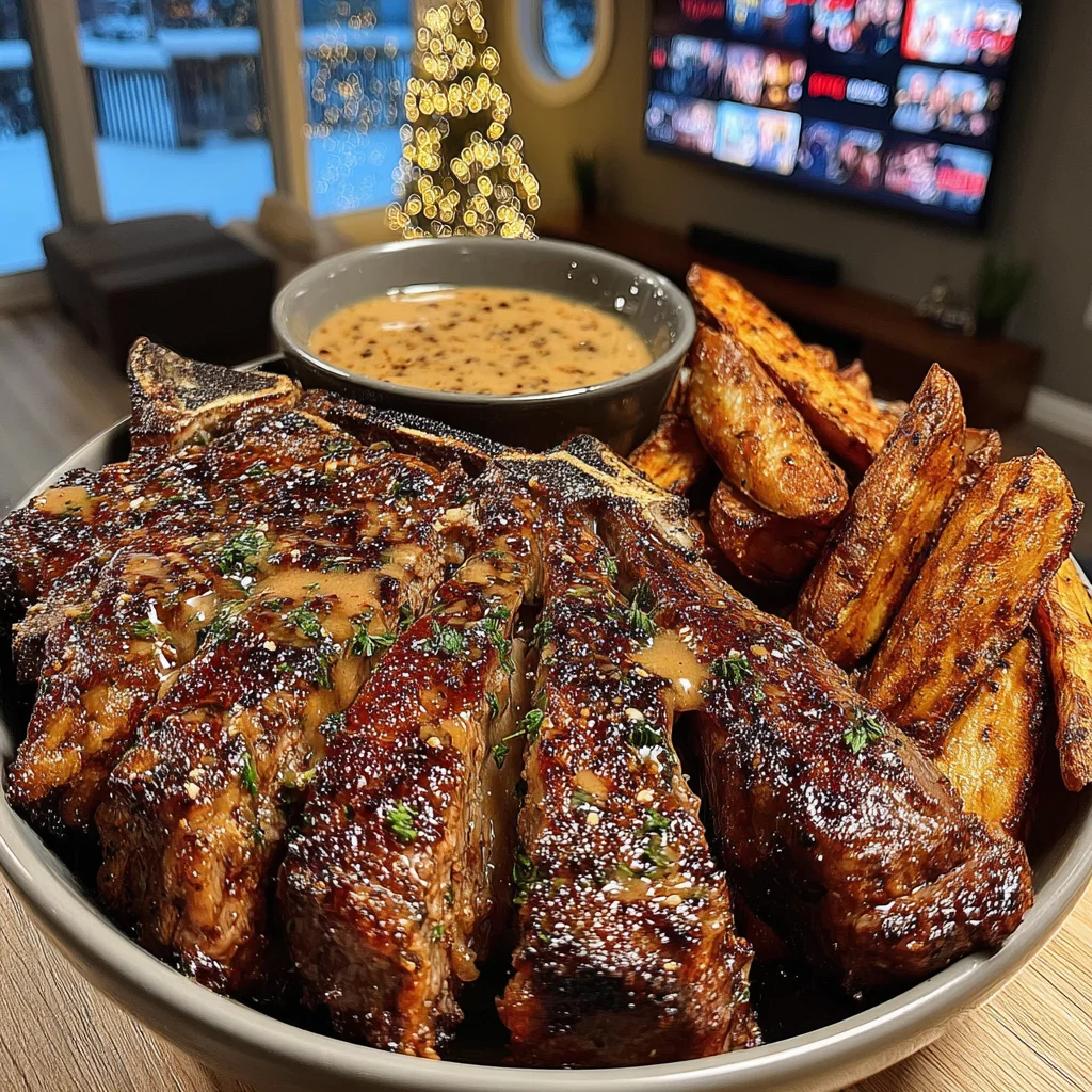 Herb-Roasted T-Bone Steak with Thick-Cut Russet Fries and Savory Peppercorn Gravy Sauce