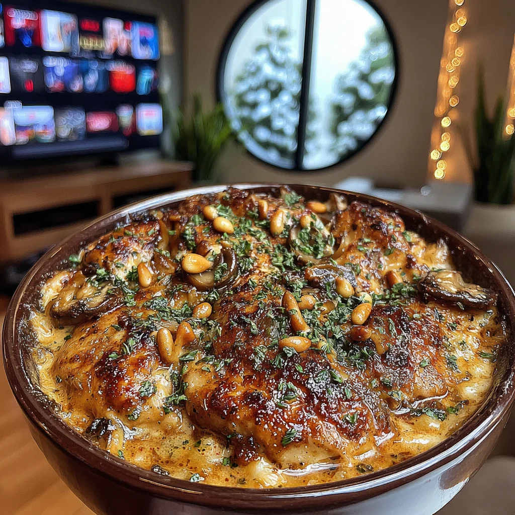 Herb-Scented Wild Mushroom Parmesan Smothered Chicken with Toasted Pine Nuts