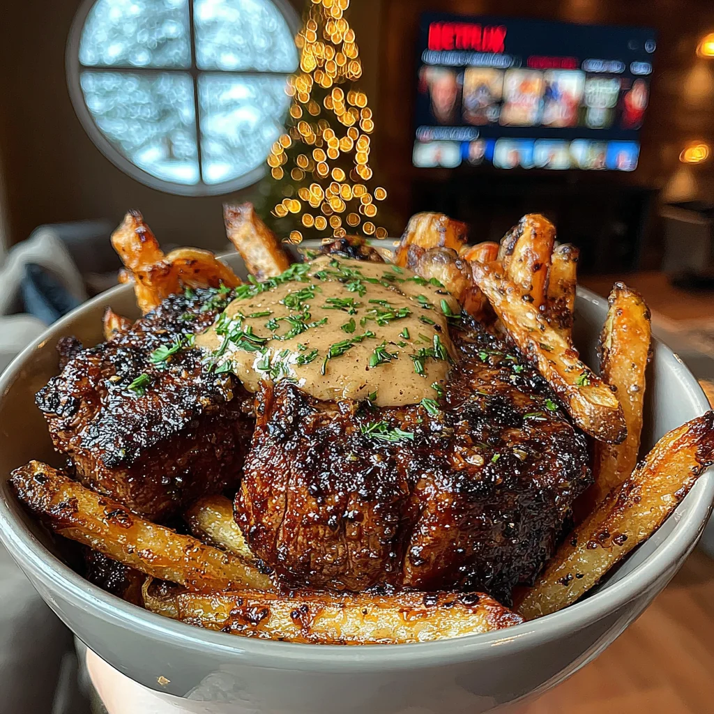 Hickory-Rubbed Filet Mignon with Garlic-Parmesan Fries and Savory Mushroom Sauce