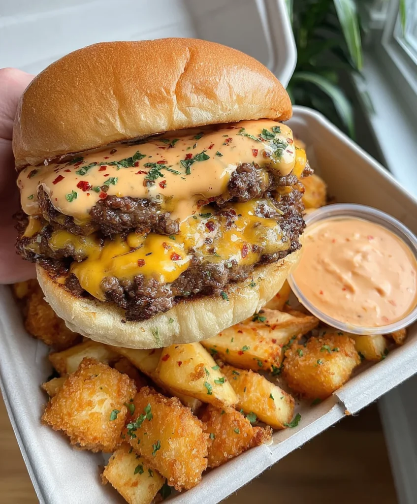Juicy Cheese Smash Burger Platter with Steak Fries and House Special Sauce