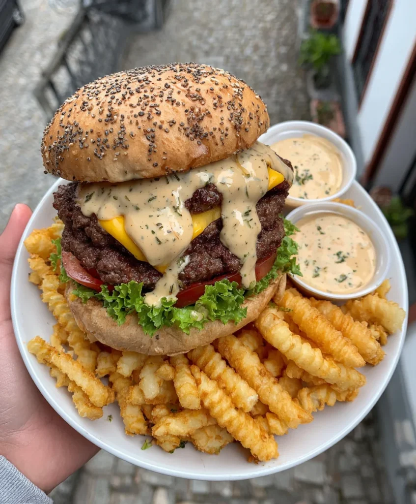 Juicy Double Beef Burger Platter with Crispy Fries and Creamy Peppercorn Sauce