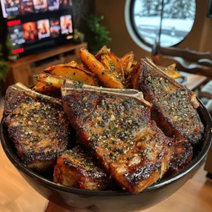 Lemon-Oregano Grilled T-Bone Steak with Parmesan-Crusted Fries and Zesty Herb Chimichurri Sauce