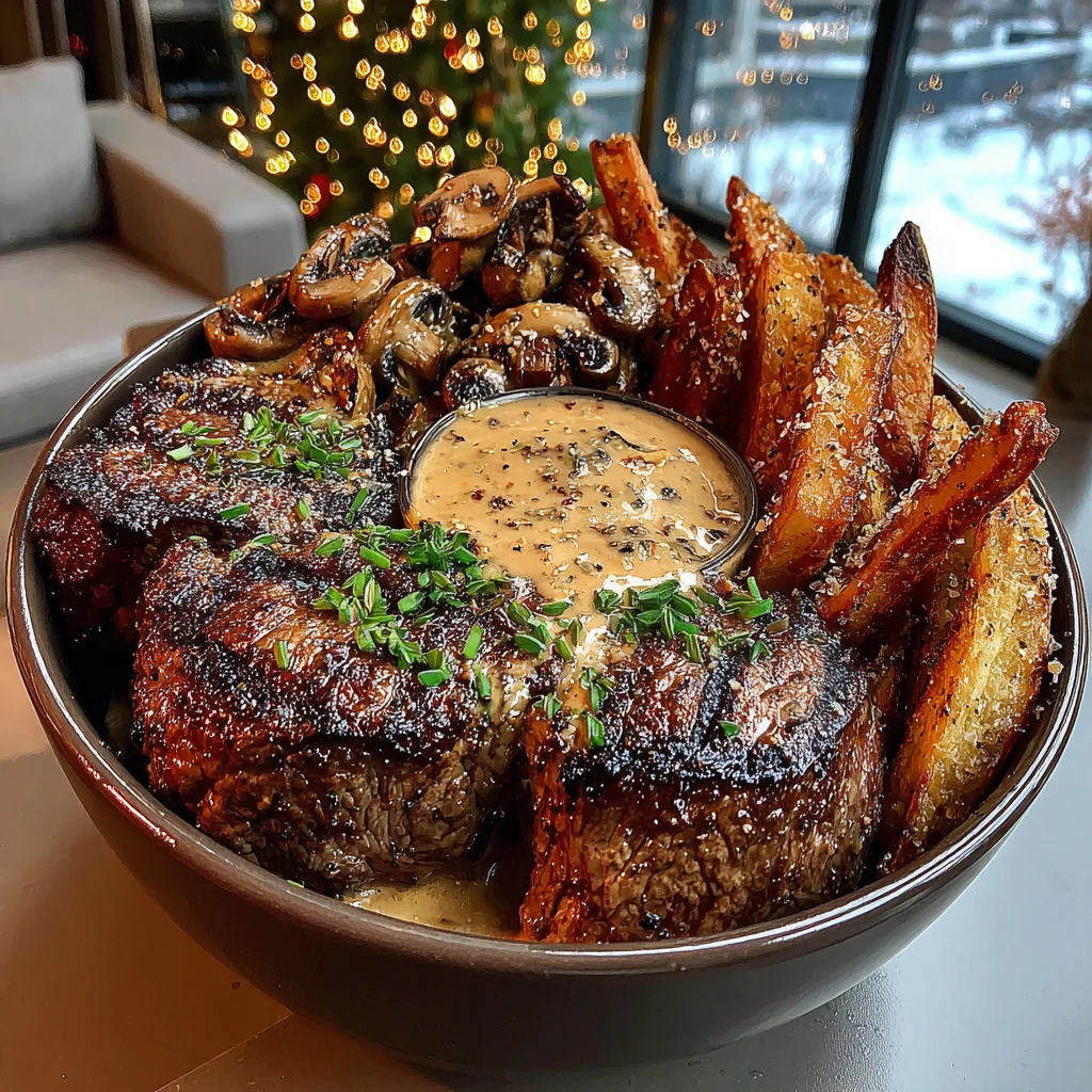 Lemon-Thyme Grilled Filet Mignon with Parmesan-Crusted Fries and Wild Mushroom Cream Sauce