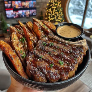 Maple-Glazed T-Bone Steak with Sweet Potato Fries and Zesty Chipotle Mayo Sauce