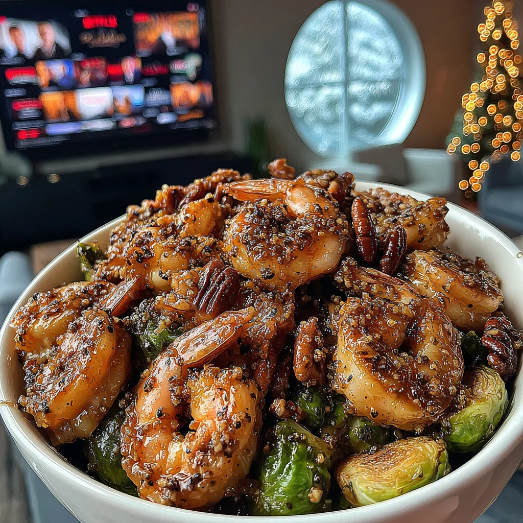 Maple Grainy Mustard Shrimp with Roasted Brussels Sprouts and Pecans
