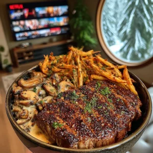 Montreal-Seasoned Beef Steak with Lemon-Pepper Shoestring Fries and Creamy Mushroom Sauce